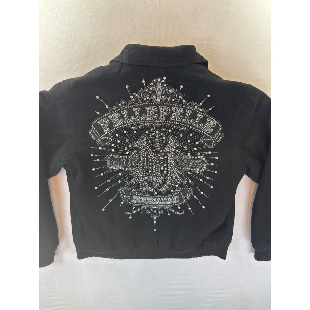 Pelle Pelle Premium Black Wool Rhinestone Embellished Bomber Jacket Womens Large